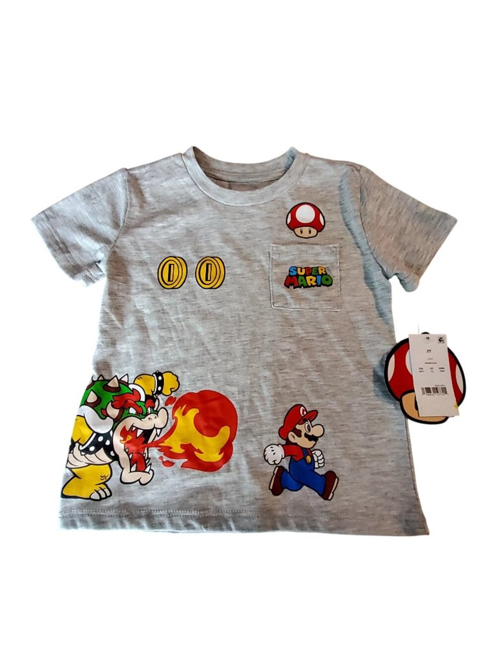 Super Mario Kids T-Shirt With Bowser Mario & Power-Up Graphics Gray Nintendo 2T